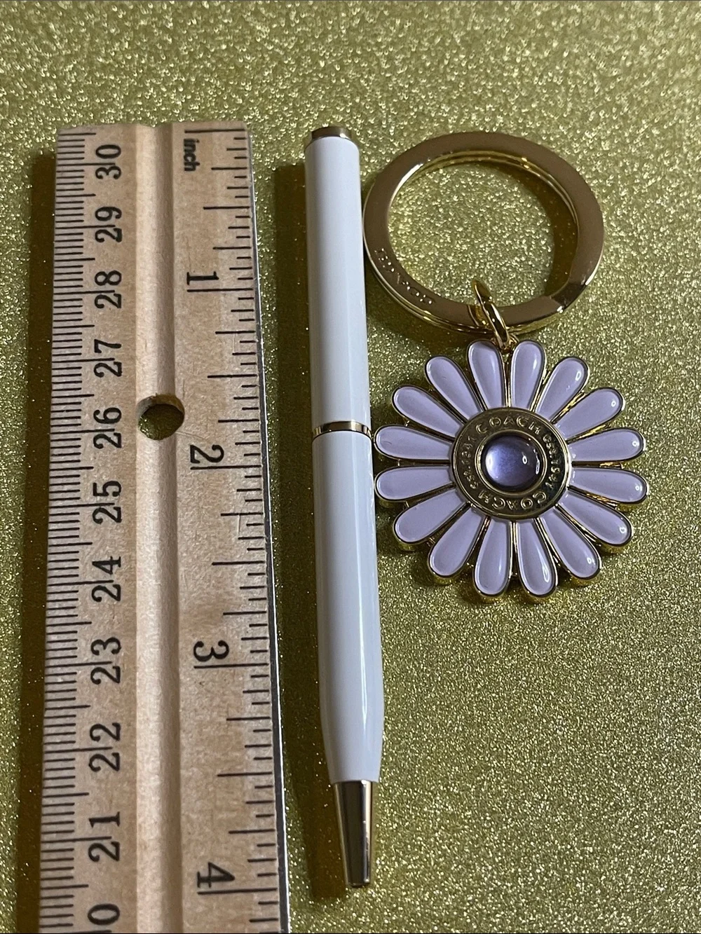 Coach Lavender Daisy Keyring with Gold-Tone Ring and Coach Pen